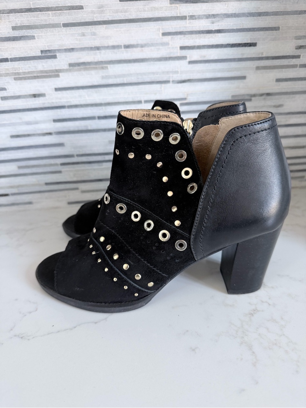 Geox Black Suede Studded Peep-Toe Heeled Booties size 8